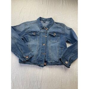 Lark & Grey Jean Jacket Womens Large Blue Denim Cropped Button Front Long Sleeve